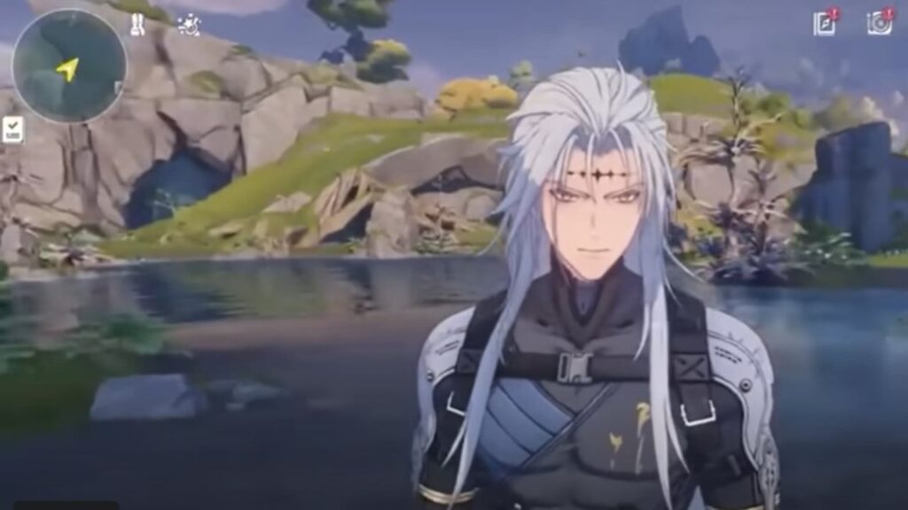 Feature image for our Wuthering Waves Character Tier List. Image shows a male character with long silver hair looking at the background with trees and water behind him.