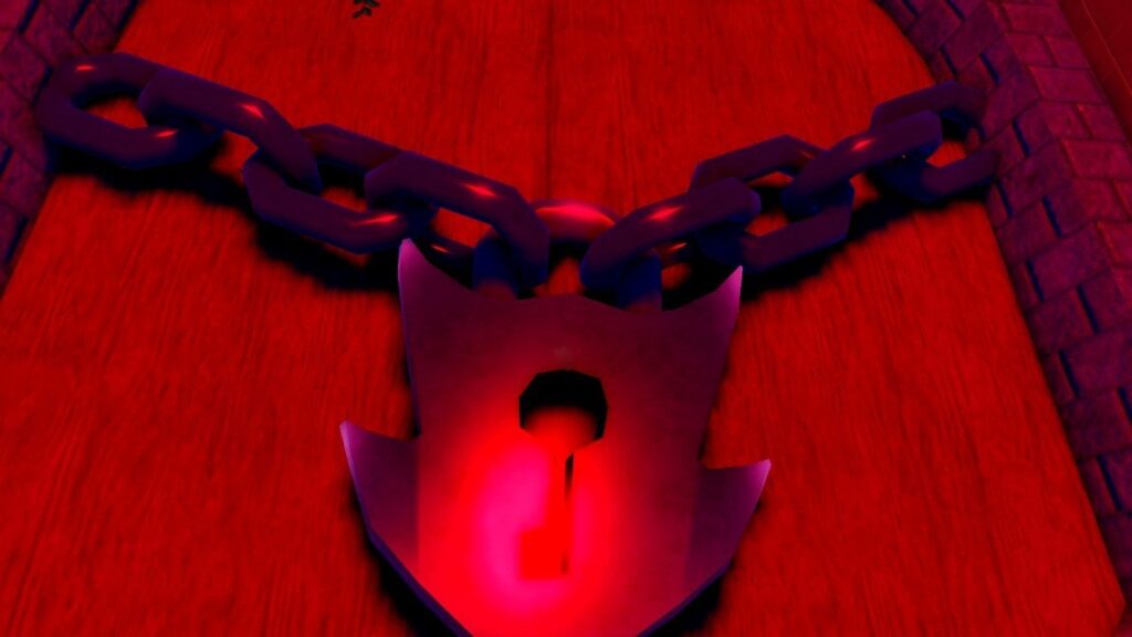 Feature image for our Anime Defenders Flame Dragon King guide. It shows a dark red door with a large lock and chain on.