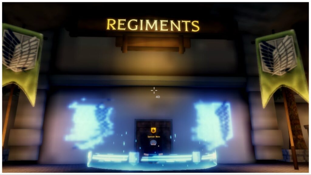 feature image for our AOR: R regiments guide which shows the regiments area in the lobby with the regiment npc stood central waving to the viewer. Either side of their display is two green banners with the survey corps wings of freedom logo over the front