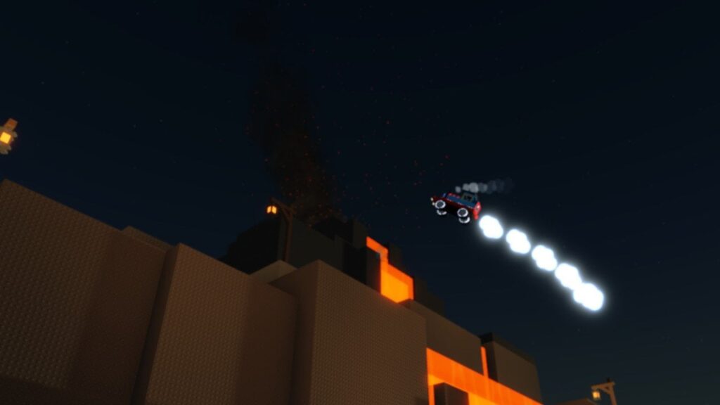Feature image for our Magic RNG codes guide. It shows an in-game view of the volcano at night with a train flying overhead.