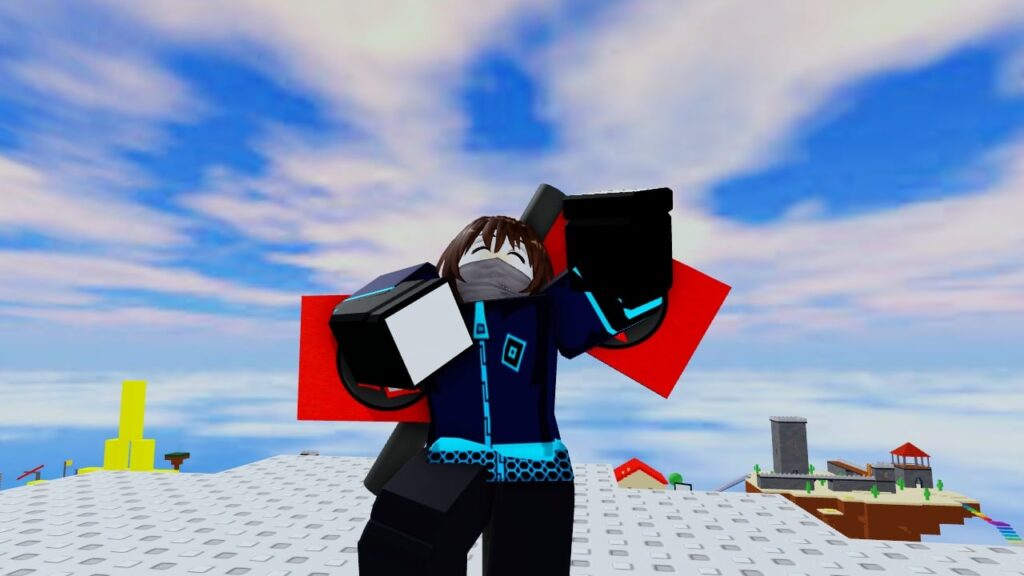 Feature image for our Roblox Classic capture the flag guide. It shows a player character dancing with a flag on their back.
