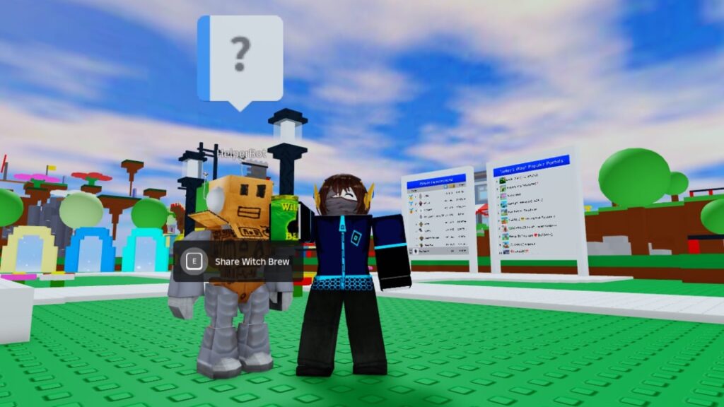 Feature image for our Roblox Classic Thirst Quenchers guide. It shows a player about to share a Witch Brew drink with the HelperBot NPC.