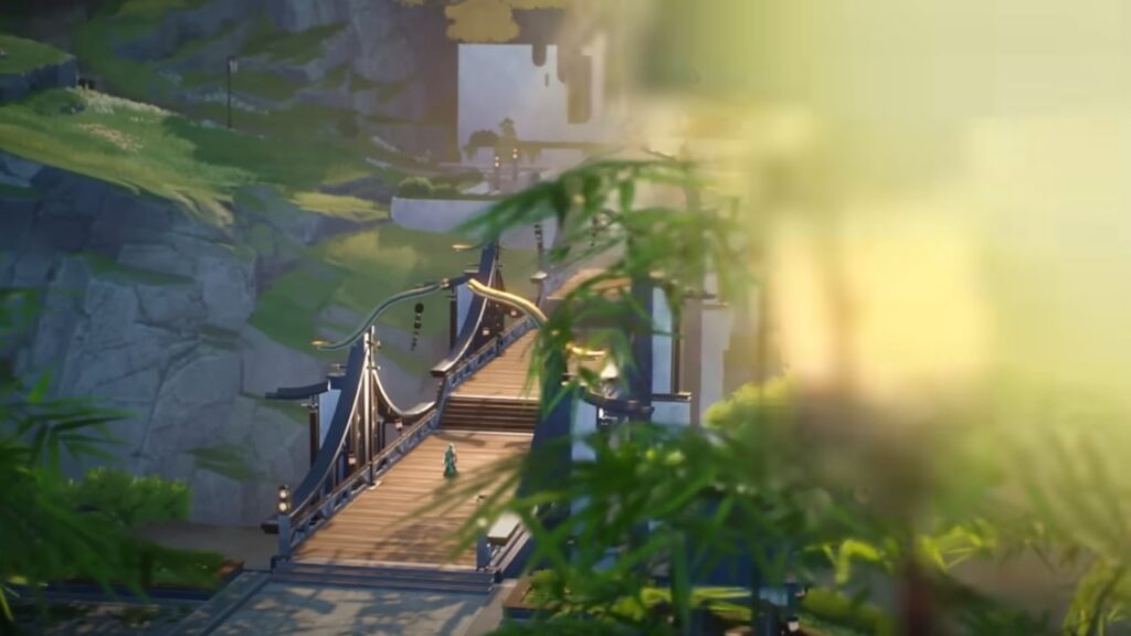 Feauture image for our Wuthering Waves levitator guide. It shows a view of a bridge in the Wuthering Waves world, with lots of greenery.