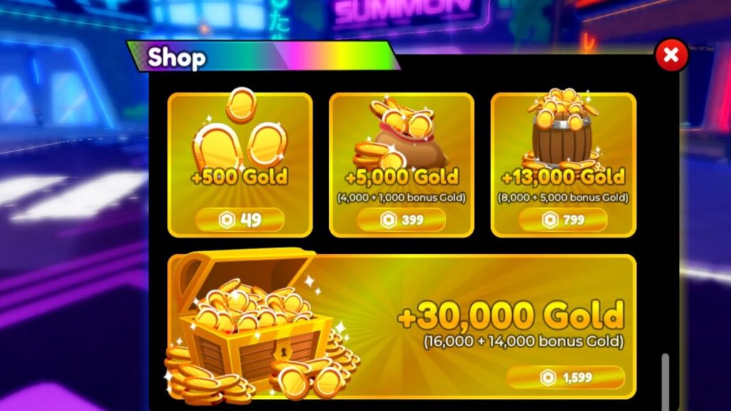 Feature image for our Anime Defenders What Does Gold Do Guide. Image shows a shop selling Gold.