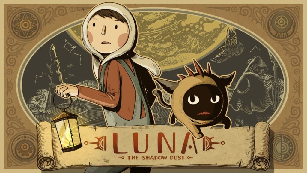 featured image for our news on LUNA The Shadow Dust. It features Luna and his strange animal companion which looks like a blob with eyes, mouth and ears. The whole image is in a sepia shade with mild hues of brown and green. Oh, and Luna is also holding a lantern to guide them in the dark.