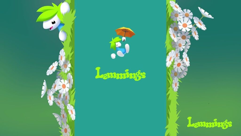 featured image for our news on Lemmings Creatorverse update. It features a few lemmings, some popping their heads out from branches of flowers and another one in the middle flying down with the help of an open umbrella. The whole image has different shades of green (the lemmings' hair, the leaves, the background which make it look very pretty. Other than that, the lemmings and the flowers are white. (and a bit of orange in the flowers and the umbrella)