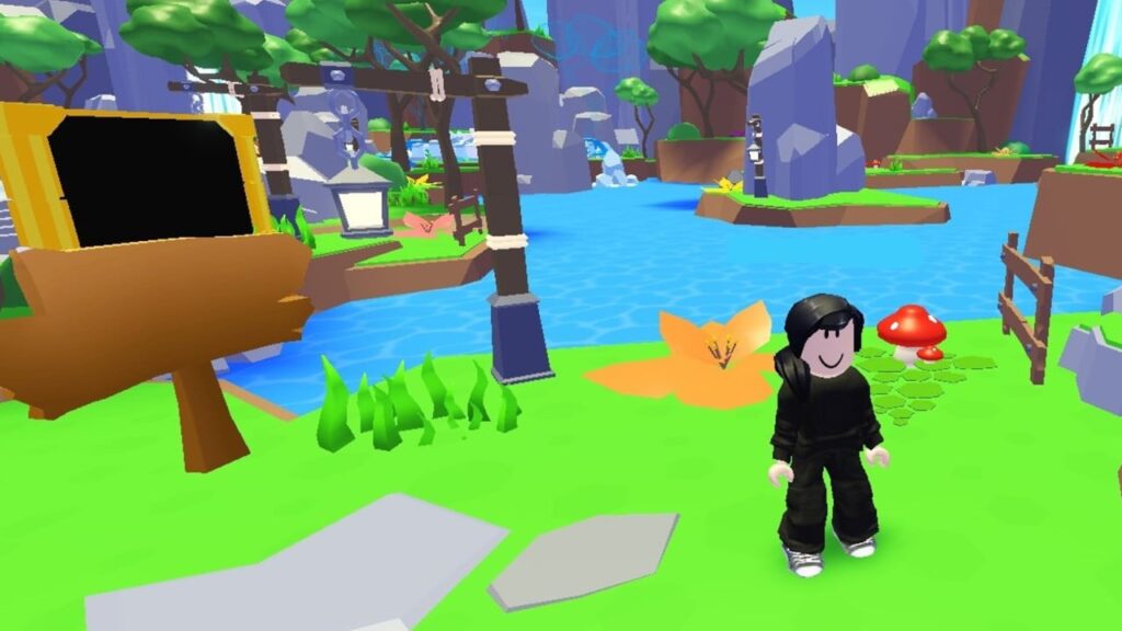 Feature image for our Tapping Legends Final Codes Guide. Image shows a Roblox character stood on some grass with water and trees in the background.