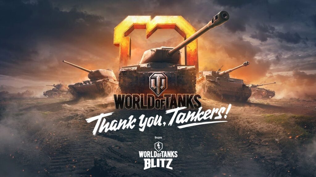 featured image for our news on World of Tanks Blitz 10th Anniversary. It features a big tank. In front of it, the game's name and the words 'Thank you, Tankers' is given.