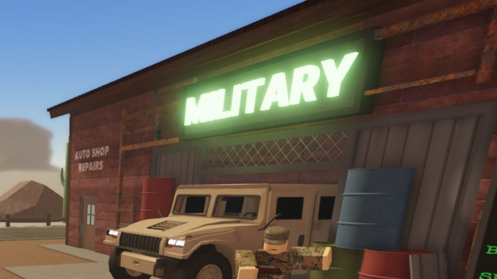 Feature image for our A Dusty Trip dog tags guide. It shows a humvee in the game lobby, with an NPC in military fatigues stood next to it.