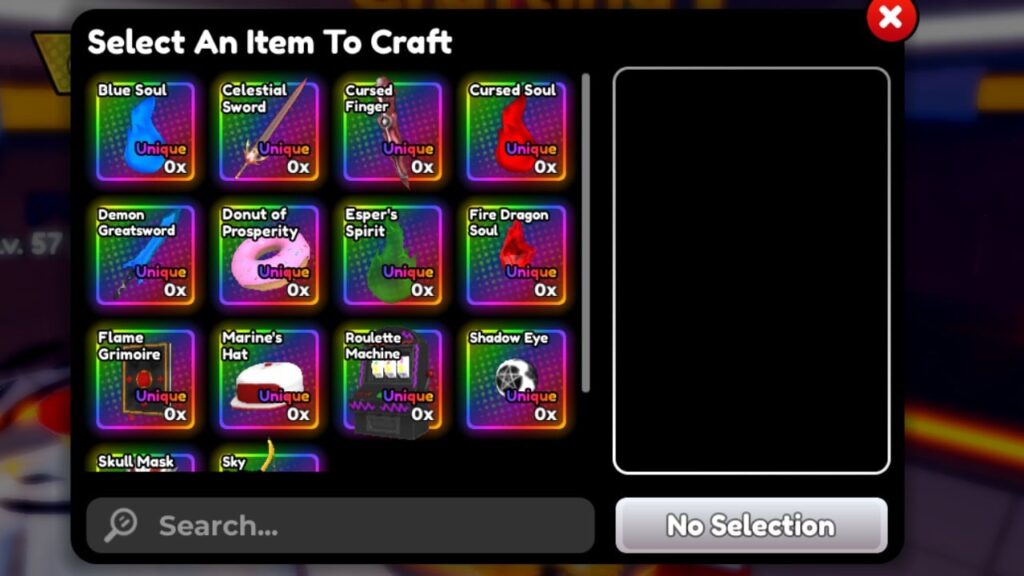 Feature image for our Anime Defenders items guide. It shows the crafting screen with all the items.
