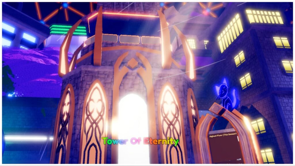 feature image for our aniem defenders tower of eternity guide which shows the golden tower of eternity with shiny lights from inside. it has rainbow lettering saying its name over the entrance of it at the front