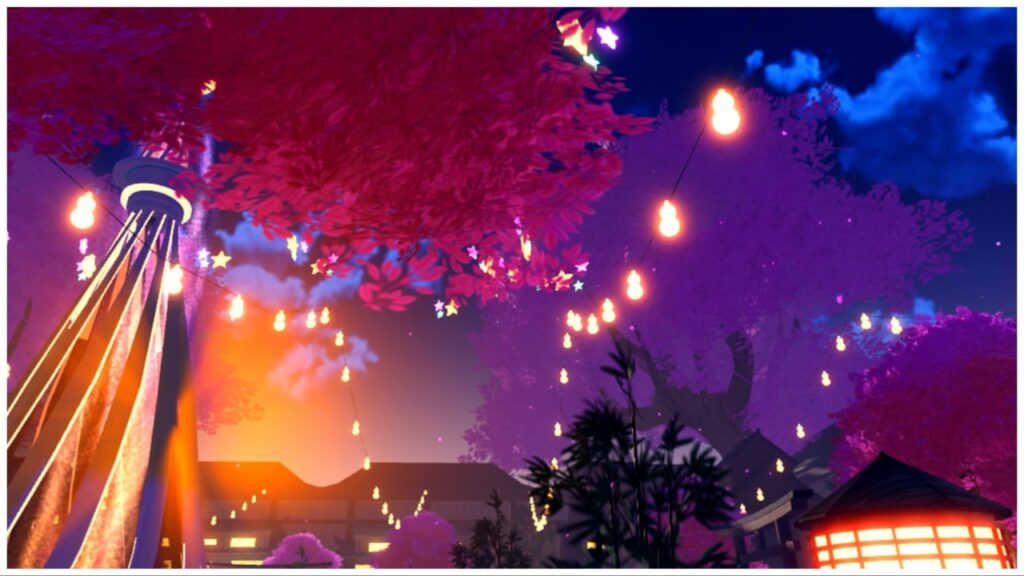 feature image for our anime dimensions simulator divine core guide which shows the main lobby area with trees and dangling lanterns connecting them with a tall glowing pillar through the trees on the left