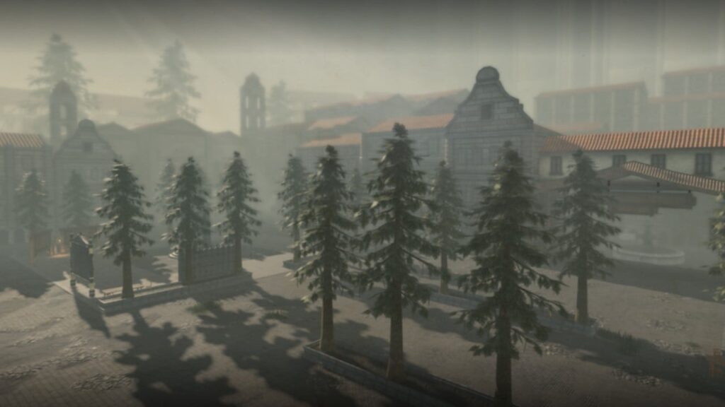 Feature image for our Attack On Titan Revolution Shiki guide. It shows a view of a district with trees.