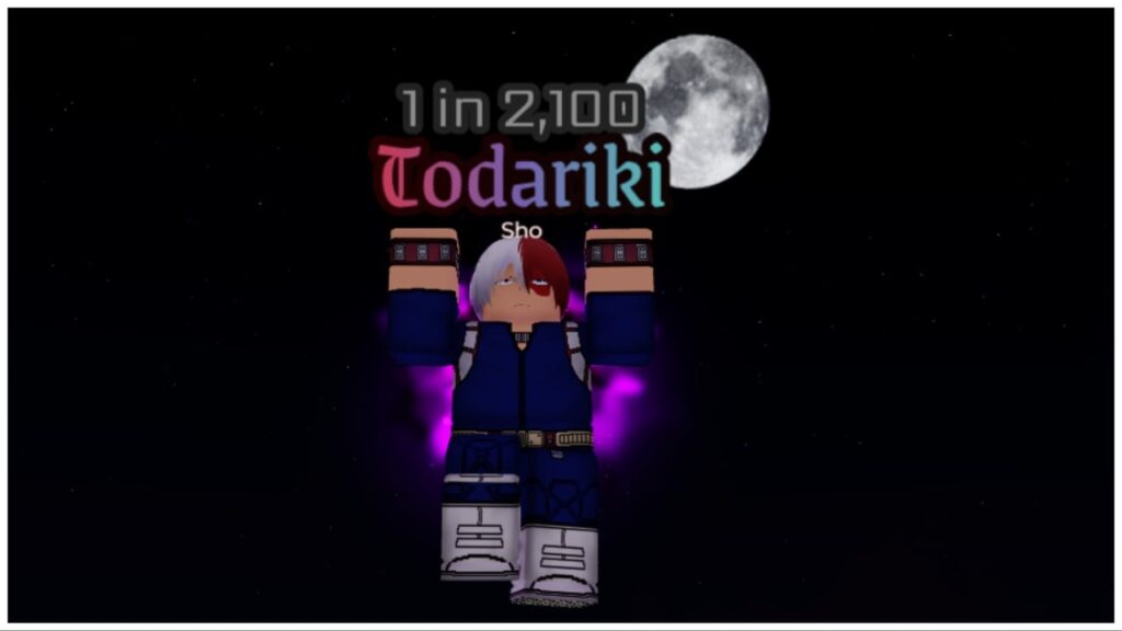 feature image for our character rng codes guide which shows a black sky at night with a full-moon and a todoroki character in the roblox style jumping mid-air with his hands up above his head and a purple wispy aura