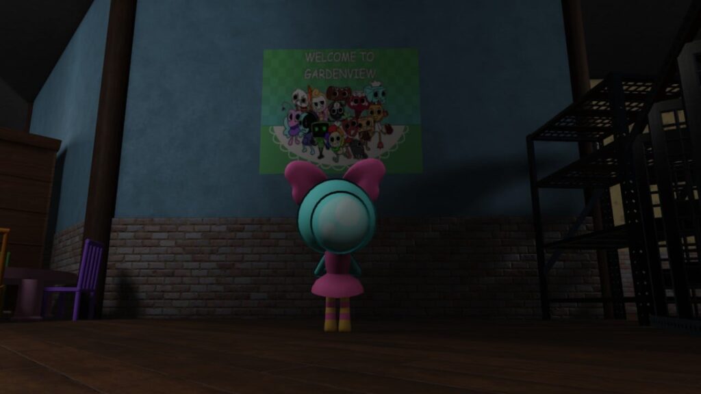 Feature image for our Dandy's World Trinkets guide. It shows the player character in a level looking at a cast poster.