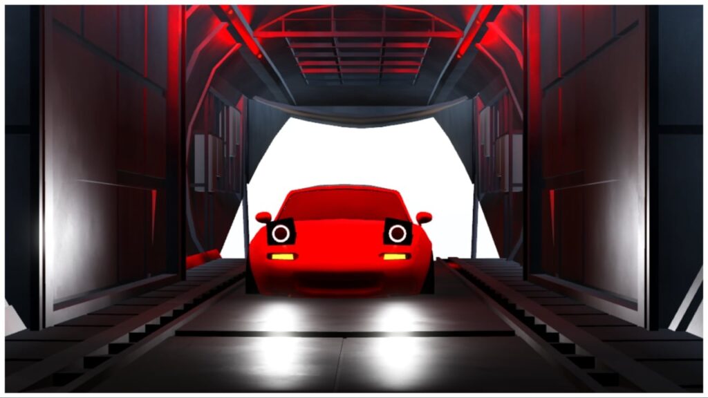 Feature image for our Highway Hooligans codes guide which shows a red miata in a black garage with overhead red lights. Behind it is the white sky as it reverses out