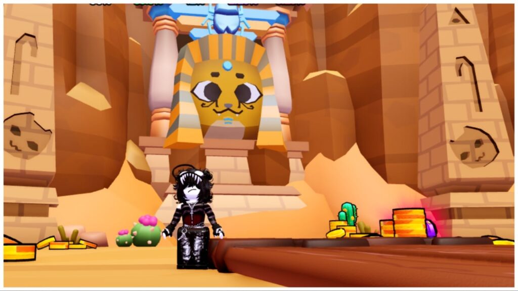 feature image for our pet split simulator codes guide which shows an emo avatar stood before a desert monument with a sphinx and hieroglyphs in the wall