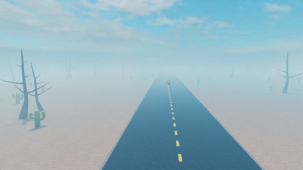 Feature image for our Roblox Desert bus titles guide. It shows a view in-game of a desert road stretching off into the future.