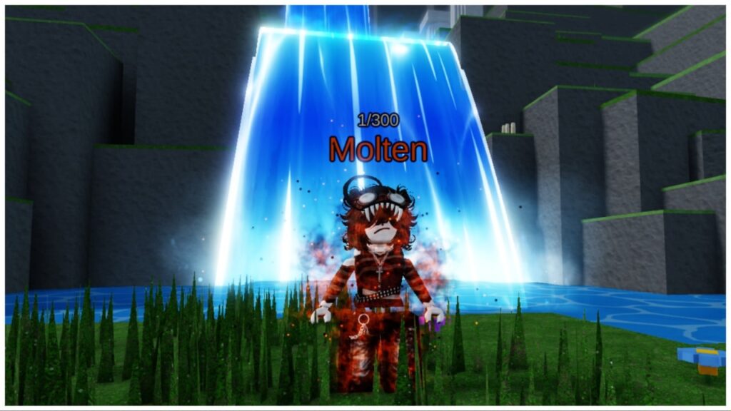 feature image for our untitled rng codes guide which shows an emo character stood before a blue waterfall in a grass patch with flowers with the magma aura which shrouds her in a red misty appearance