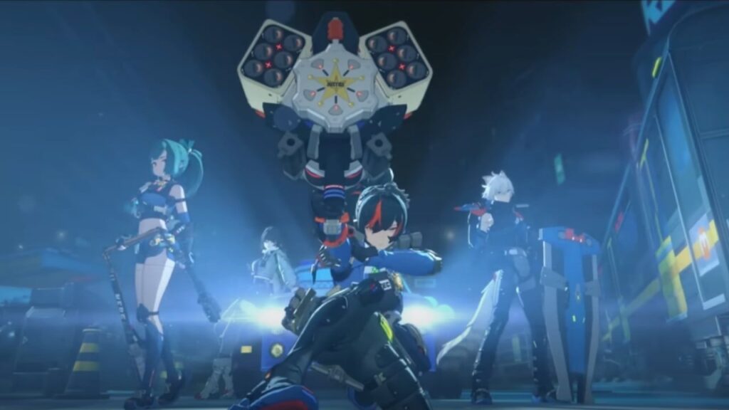 Feature image for our Zenless Zone Zero Attribute tier list. It shows a shot from the trailer with a character team.